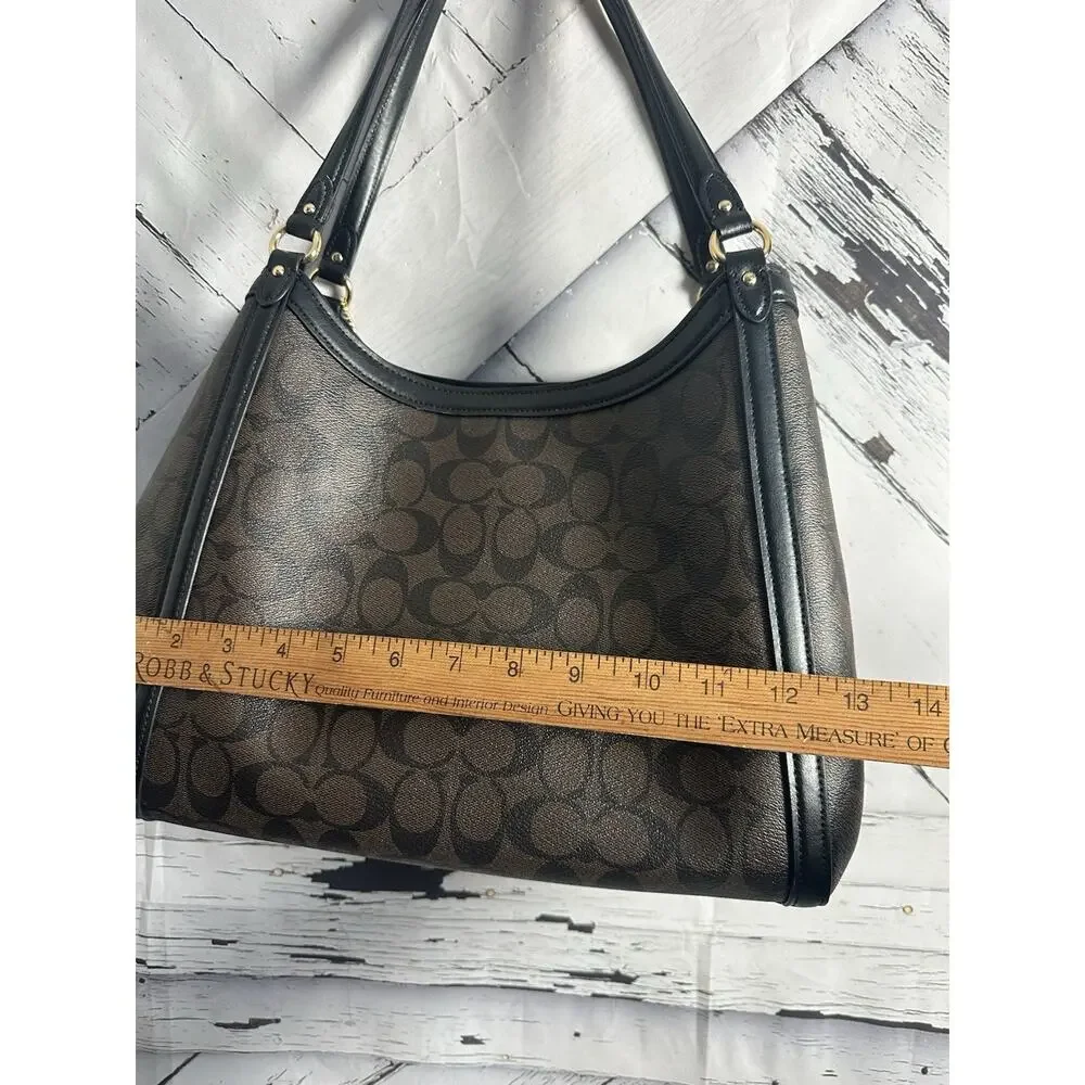 Coach Kristy Shoulder Bag Signature Canvas Brown Canvas Black Leather Trim